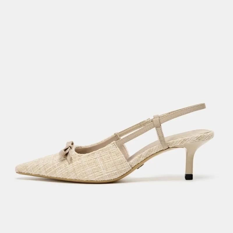 Fashion Bow Decorative High Heels Women High Quality Thick Tweed Slingback Kitten Heel Designer Shoes Elegant Banquet Dress Shoe
