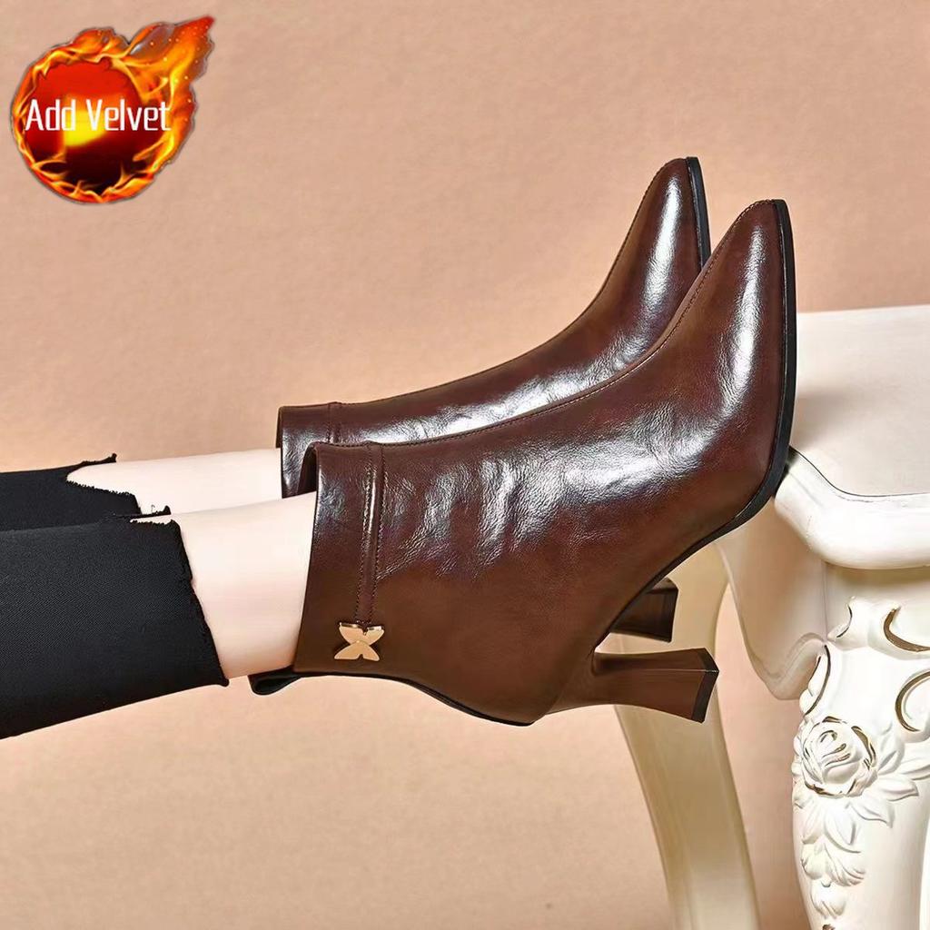 Autumn Winter Waterproof Leather Booties Warm Heeled Woman Short Shoes Designer Luxury Footwear Fashion Ankle Boots for Women