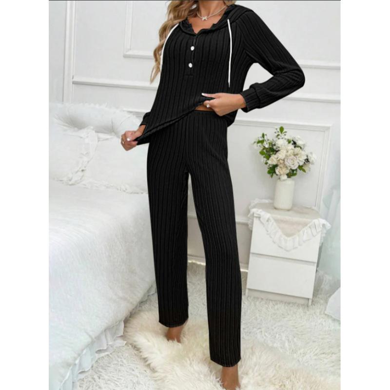 Damen Hausanzug Set Lässige Mode Rippstrick Gebürstet Langarm Kapuzen-Knopf-T-Shirt Hose