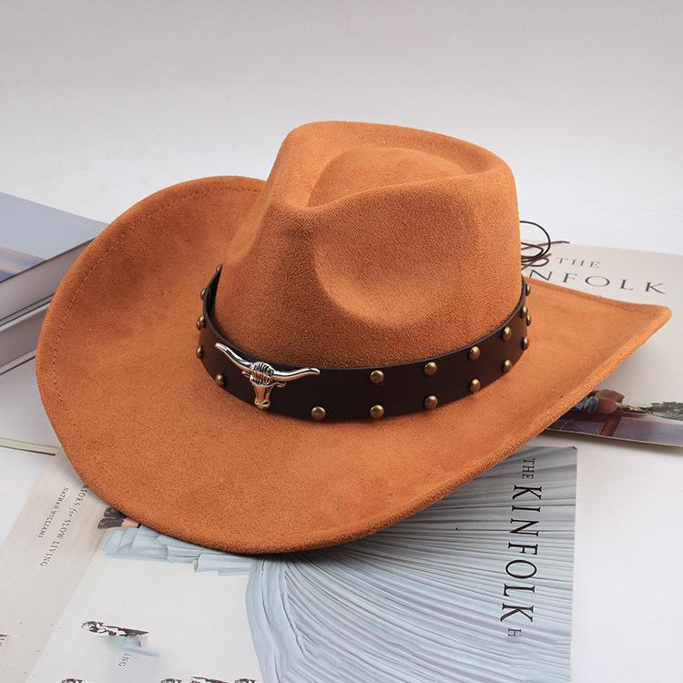 Western Cowboy Style Tibetan Bull Head Accessories Fashion Top Hat Autumn/Winter New Collection Deer Skin Velvet Large Edge Riding Hat