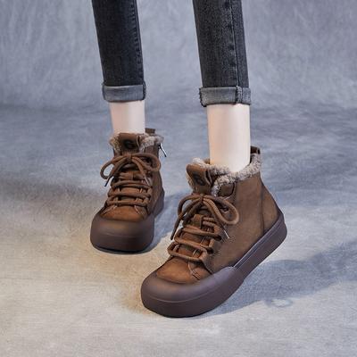 Winter Warm Plush Short Boots Genuine Leather Retro Versatile Women's Flat Cotton Shoes