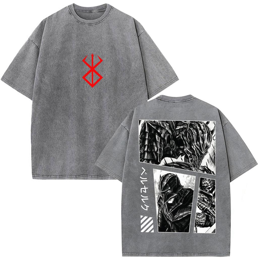 Unisex Washed Anime Berserk Guts T-shirts Swordsman Gatsu Sacrifice Zodd Cosplay T Shirt Oversized Cotton Vintage T Shirts Streetwear