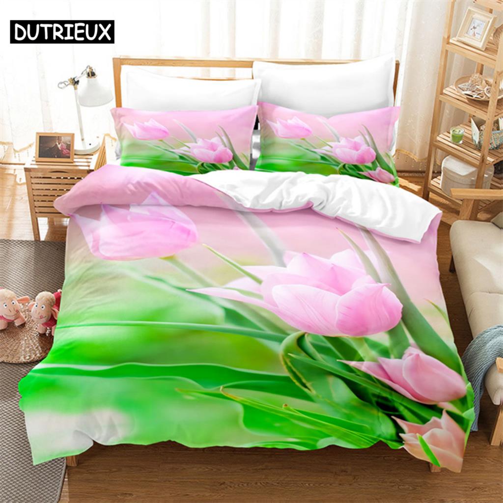 Butterfly Tulip Queen Bedding Set Duvet Cover Kids Bedroom Bed Set Comforter Cover Set King Size Duvet Cover Set Bedding Sets