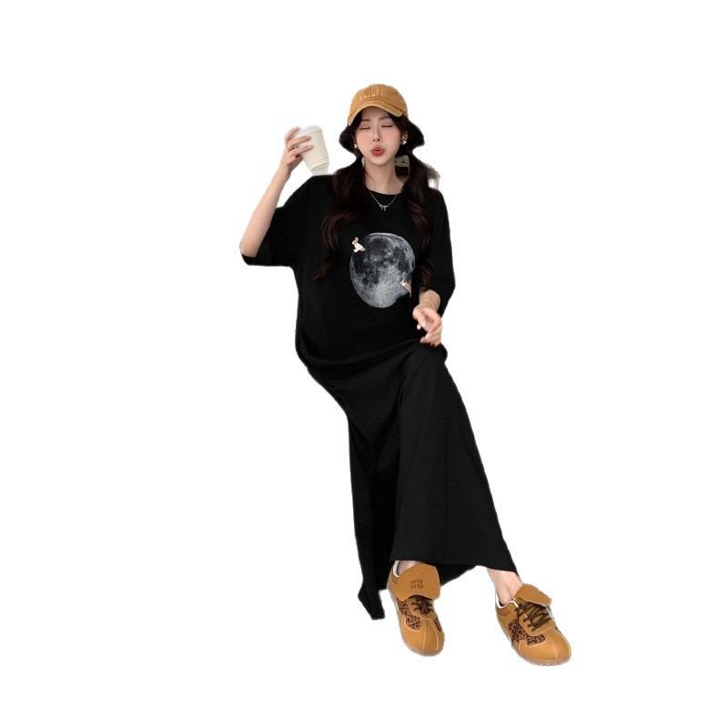 Sommar tryckt kortärmad t-shirtkjol Mode och casual Över knät Plus Lång Plusstorlek Klänning