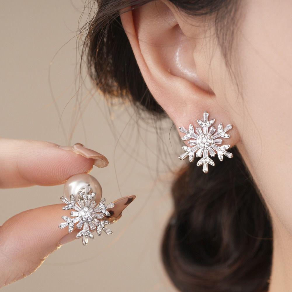Rhinestone Snowflakes Earrings Pearl Zircon Dangle Earrings Crystal Snowflakes Earrings New Year