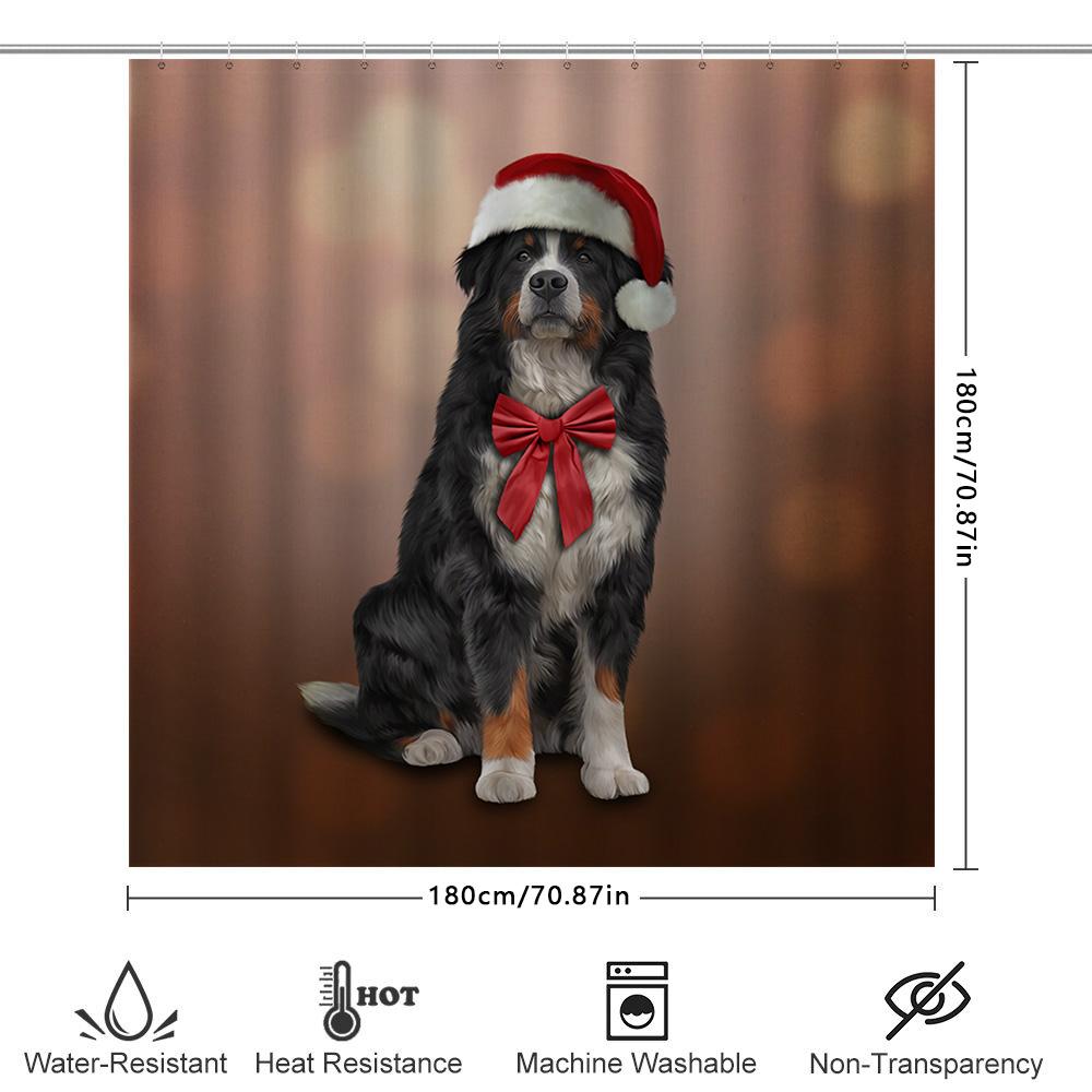 Christmas Santa Hat Bow Tie Dog Shower Curtain Decoration For Bathroom New Year Pet Portrait Print Waterproof Fabric Bath Mat Co