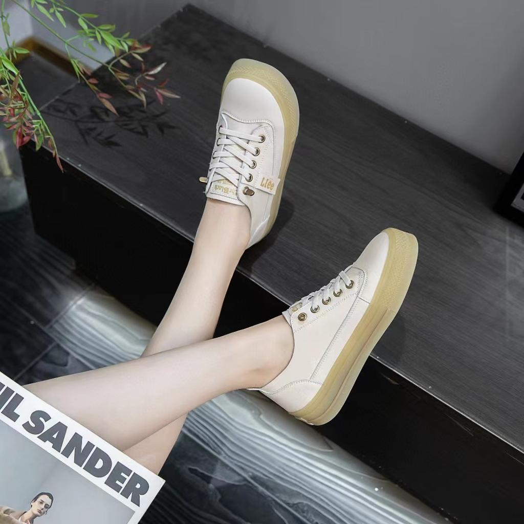 The first layer of cowhide little white shoes women's spring new genuine leather cowhide soft sole one pedal sports and leisure board shoes