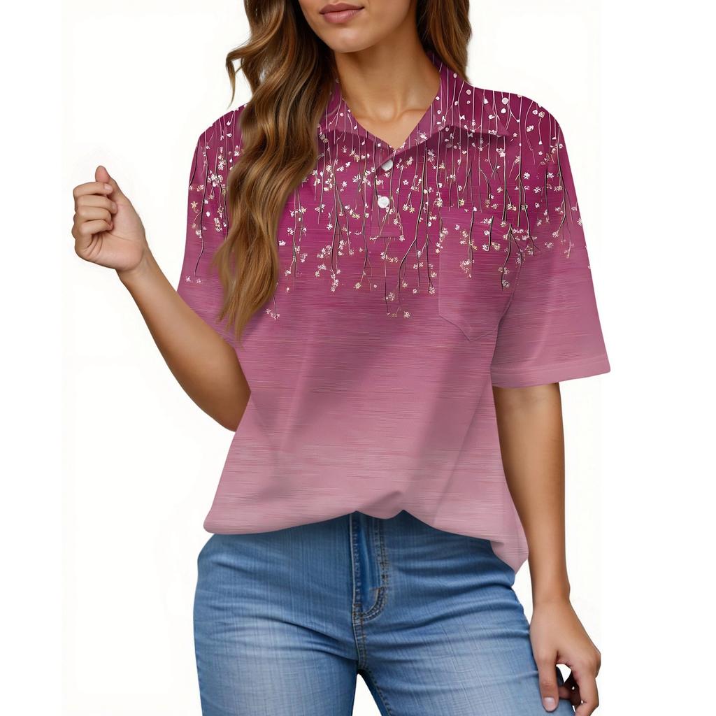 Damenmode Lässig Knopf Tasche Hemd Kurze Ärmel Druck Revers Oberteil