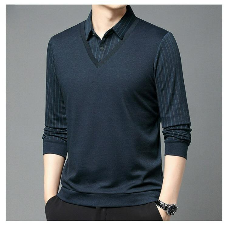 Men's Fake Two-piece Striped Polo Shirt Spring and Autumn Men's Loose Lapel Long-sleeved Shirt T-shirt
