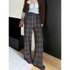 Winter New Style Fleece Lined Retro Brushed Plaid Wide Leg Pants Elastic High Waist Loose Straight Leg Casual Pants For Women