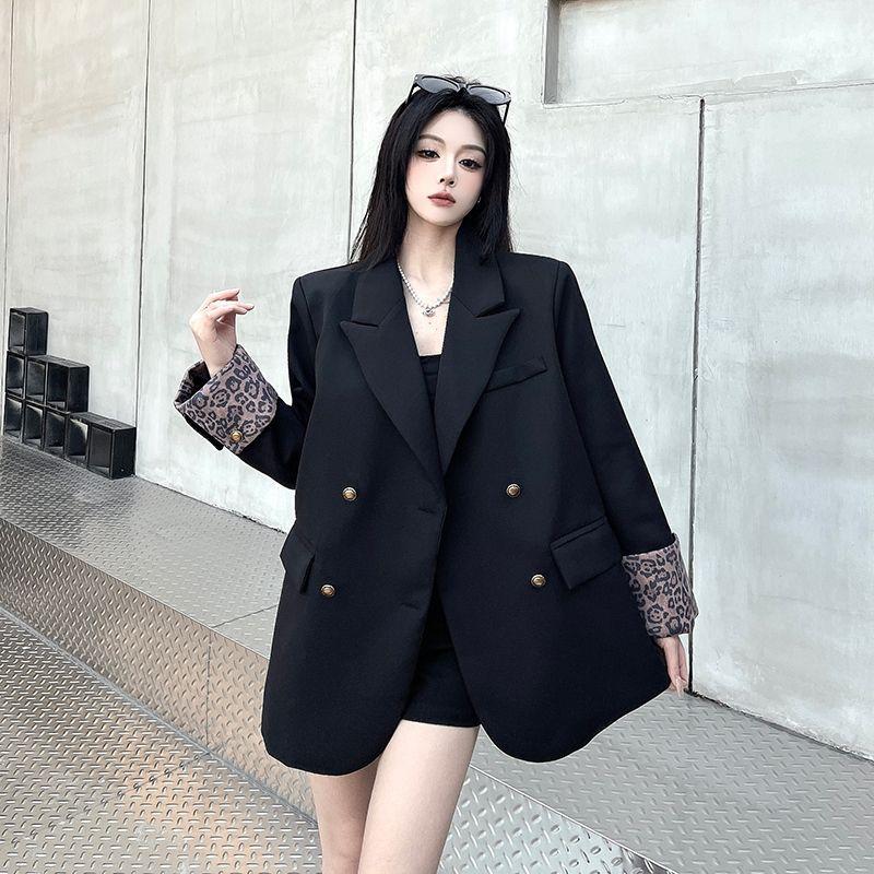 Spring and Autumn Women Long Sleeve Blazer Coat Niche Leopard Patchwork Loose Temperament Padded Shoulder Casual Suit Outerwear