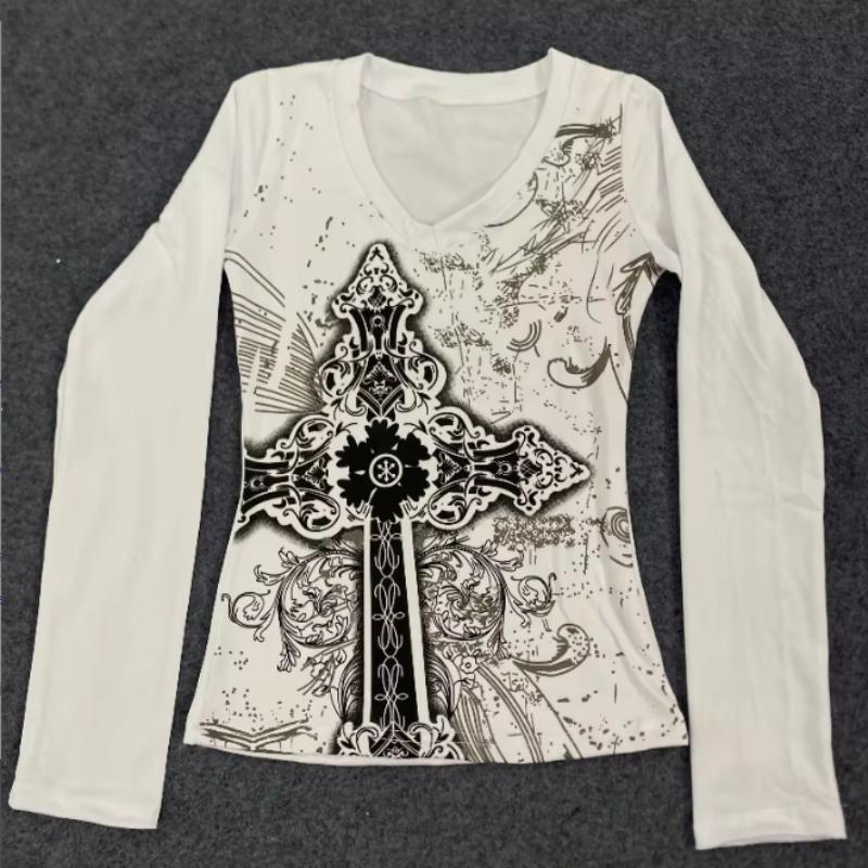 Y2K Gothic schwarzes bedrucktes Damen Retro Frühling V-Ausschnitt langärmeliges tailliertes Oberteil