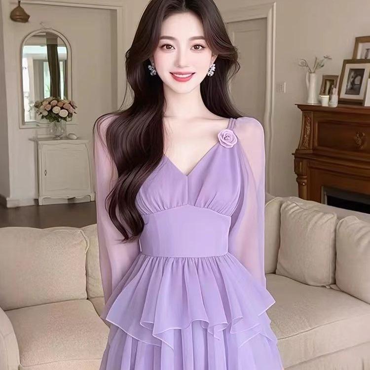 2026 Spring Women's Purple Hepburn-Style Floral Dress with Waist-Cinching Design