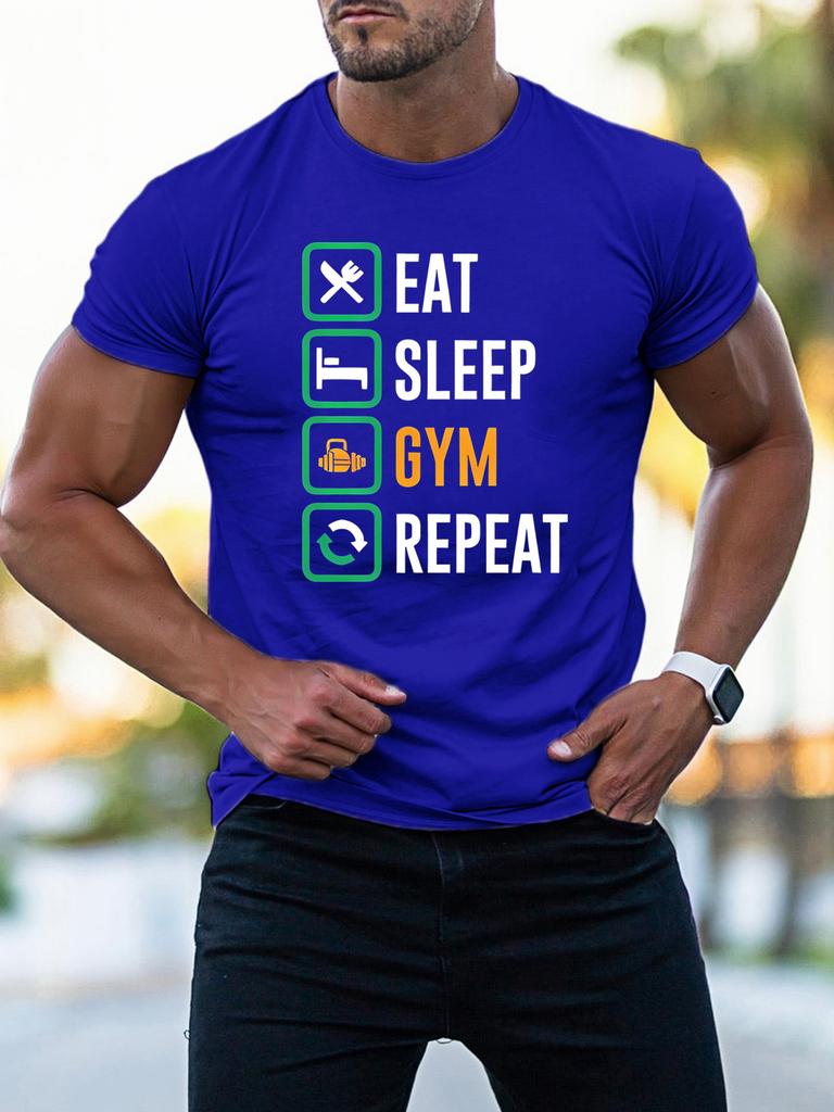 Unisex Crew Neck Tee Gym Lover Eat Sleep Gym Repeat Text Print Soft Cotton Loose Short Sleeve Summer Casual Male Streetwear Tops