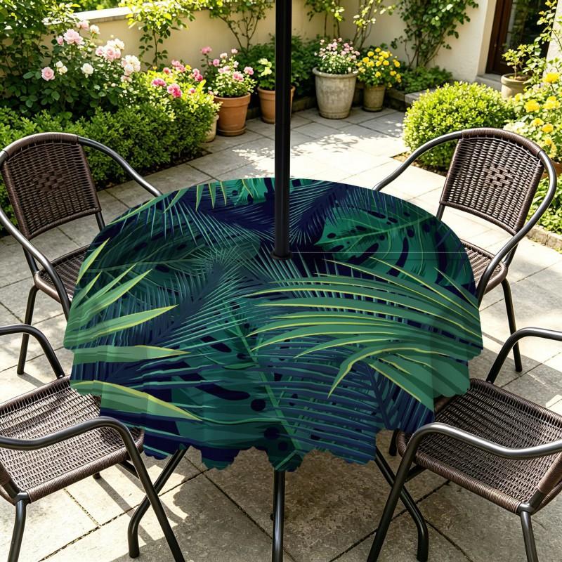 Outdoor Round Tablecloth With Umbrella Hole Waterproof Oil Resistant Floral Leaf Patio Garden Deck