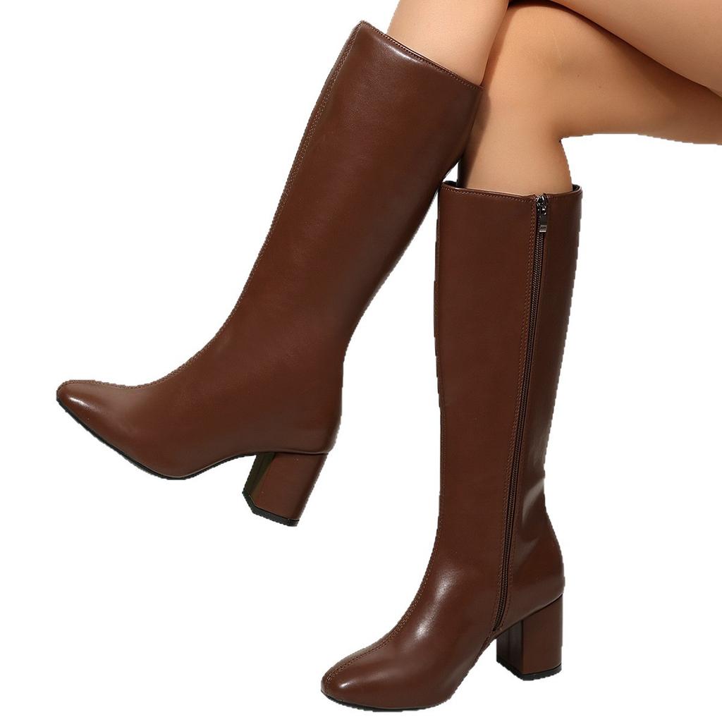 Large Size Autumn and Winter Thick Heel Square Head Boots High Heel Knight Boots But Knee Medium Boots Women