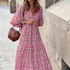 Women Floral Print Bohemian Long Dress Loose V-Neck Fashion Summer Beach Dress