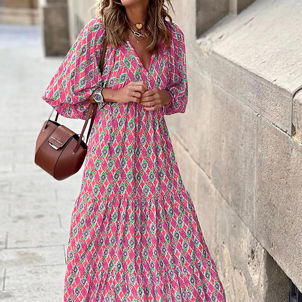 Women Floral Print Bohemian Long Dress Loose V-Neck Fashion Summer Beach Dress