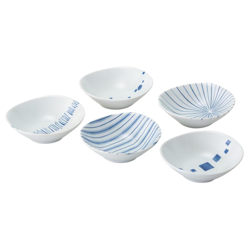 Mino Ware Oval Bowl Set with Blue Geometric Microwave and Dishwasher 31068 5-Piece Pattern, Safe, Blue,