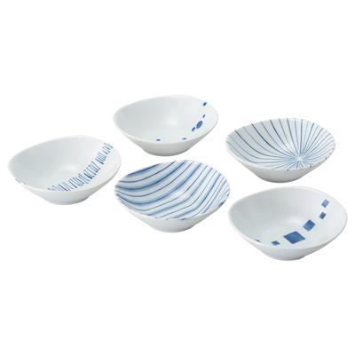 Mino Ware Ovales Schüsselset mit blauem geometrischem Muster, mikrowellen- und spülmaschinenfest, 31068, 5-teilig, Sicher, Blau,