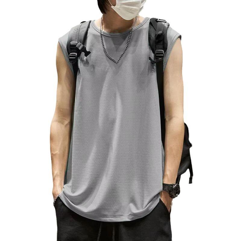 Pánské rychleschnoucí tílko bez rukávů z ledového hedvábí - Letní síťovina, Volný střih, Nadměrná velikost, Jednobarevné prodyšné sportovní oblečení.