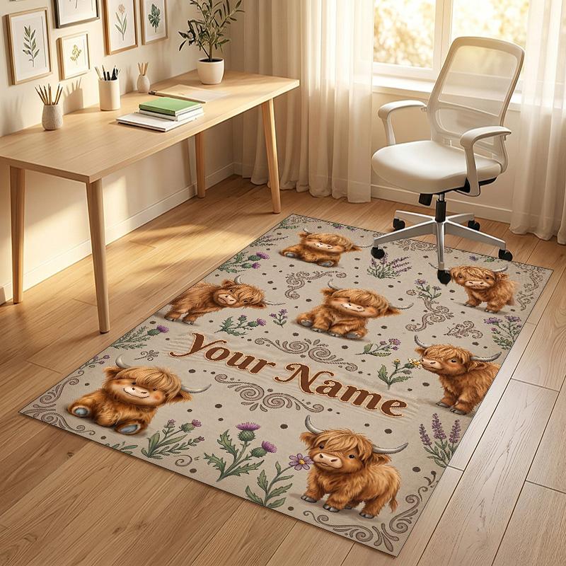 Cow Highland Theme Crystal Velvet Rug Personalized Custom Name Text Soft Floor Mat Home Decor