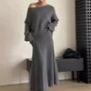 European and American Cross-border New Solid Color One-word Collar Loose Lazy Style Pullover Knitted Half-body Pleated Skirt Two-piece Set
