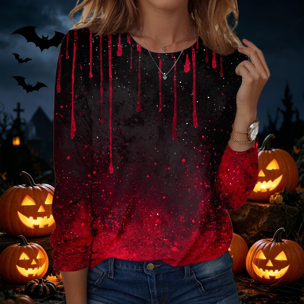 Women's Halloween Printed Pullover Sweatshirt Long Sleeve Crew Neck Top Casual Lightweight Soft Fabric Comfortable Fit