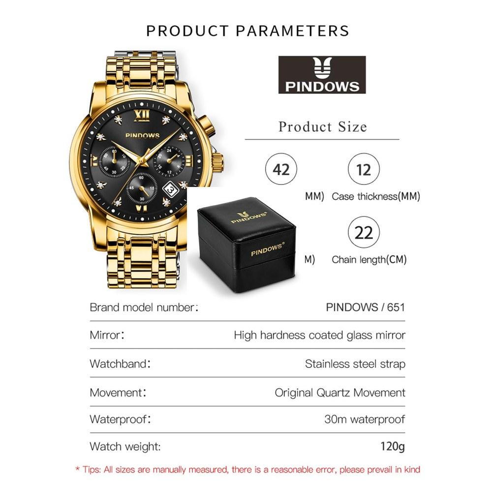 PINDOWS Men's Analog Quartz Watch with Day Date Display Stainless Steel Band Daily Water Resistance