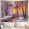 Orange Winter Forest Snow Scene Wall Tapestry, River Wall Hanging Large Tapestry Decoration Polyester Fiber White Hem Around for