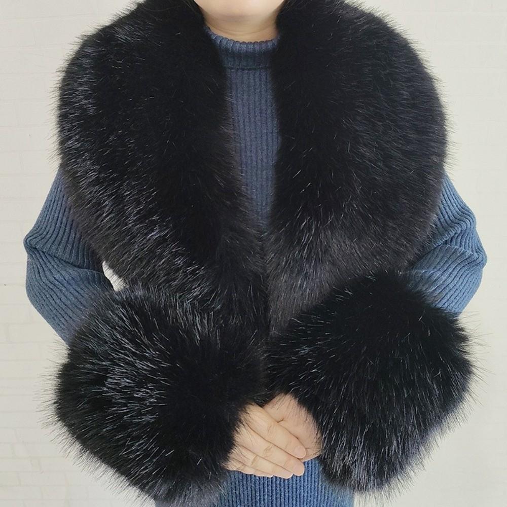 V Shape Faux Fur Collar Set Oversized Shawl Collar Wrap Warm Fur Cuff Set Overcoat Matching