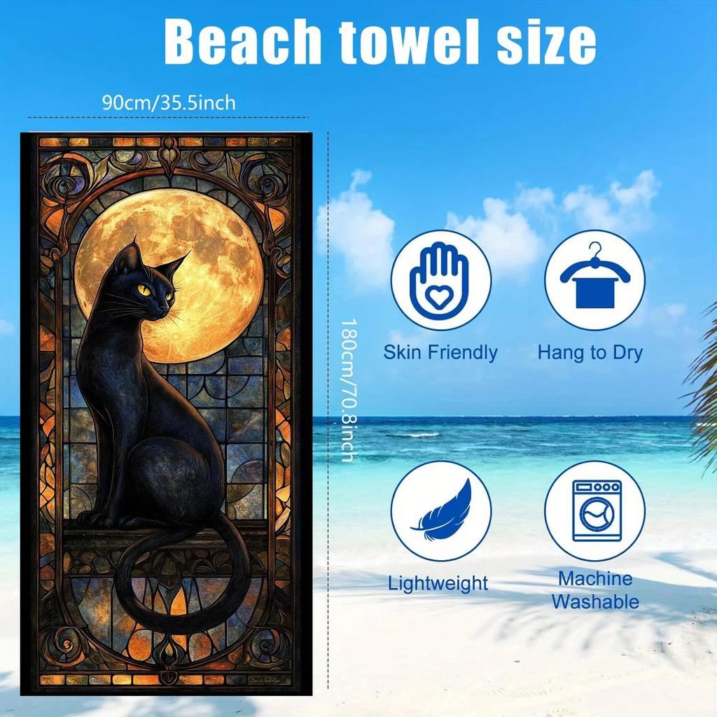 Mystical Black Cat Beach Towel - Soft Absorbent Towel for Halloween Lovers, Unique Design for Everyday Use and Comfort