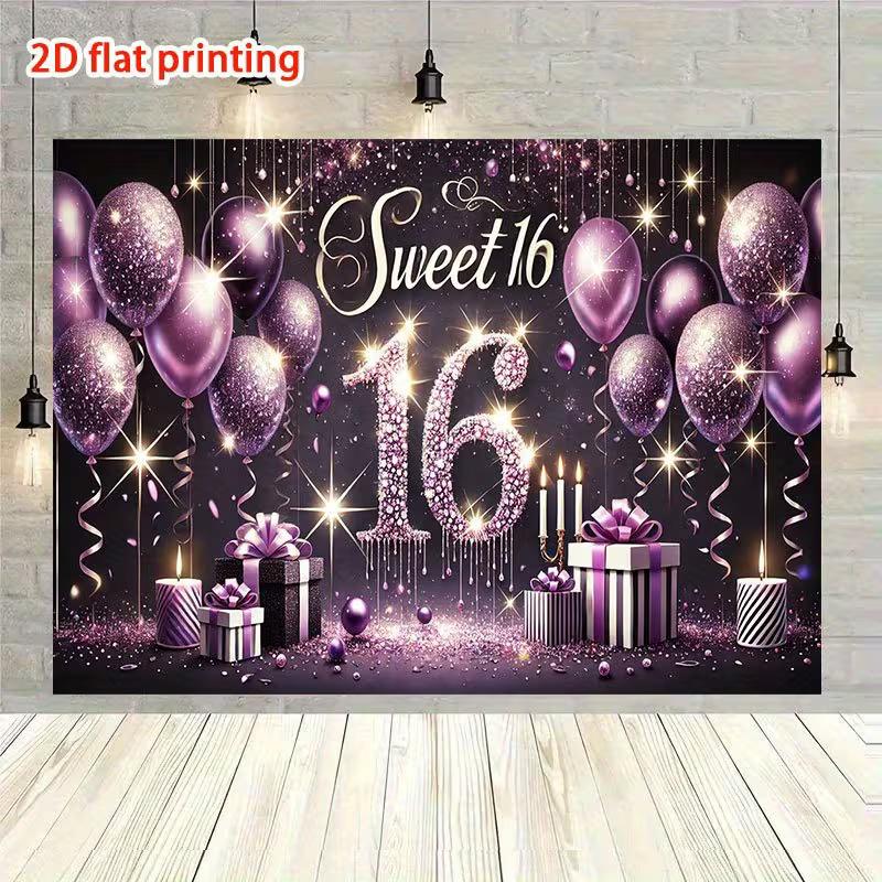 

2D Sweet 16 Birthday Party Backdrop Purple Glitter Balloons Photo Background 47.2x31.5inch/120*80cm