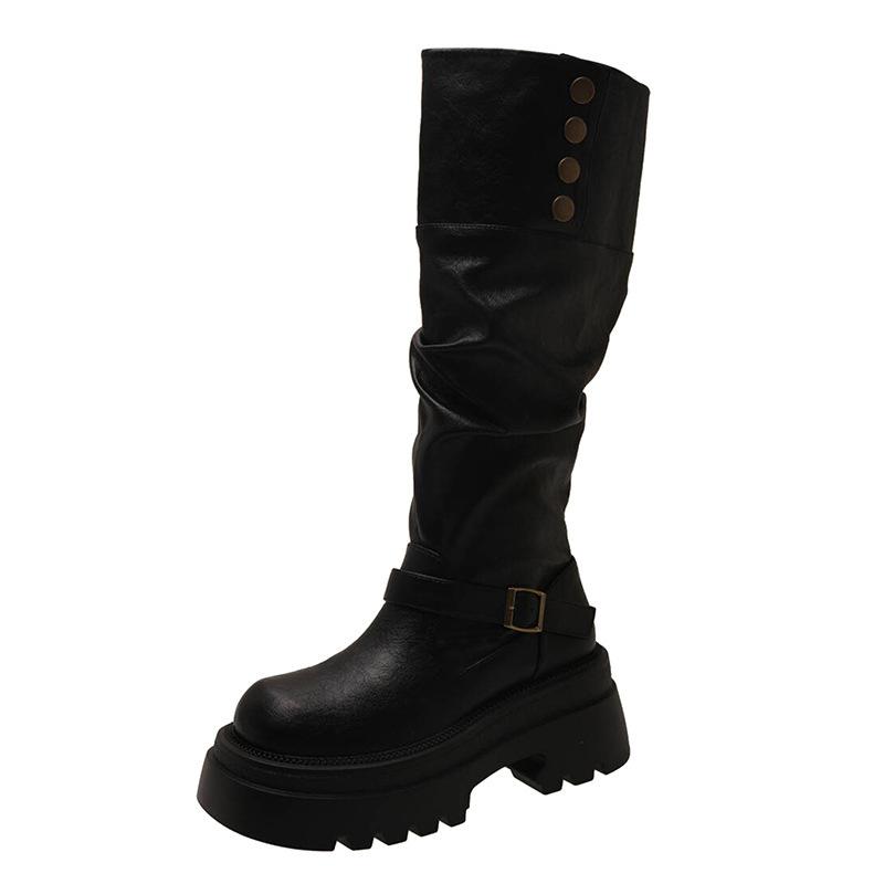 The Retro Long Boots for Women In the Autumn Are New Thick-soled, Chunky High-top Boots That Can Be Folded Twice Wear P337