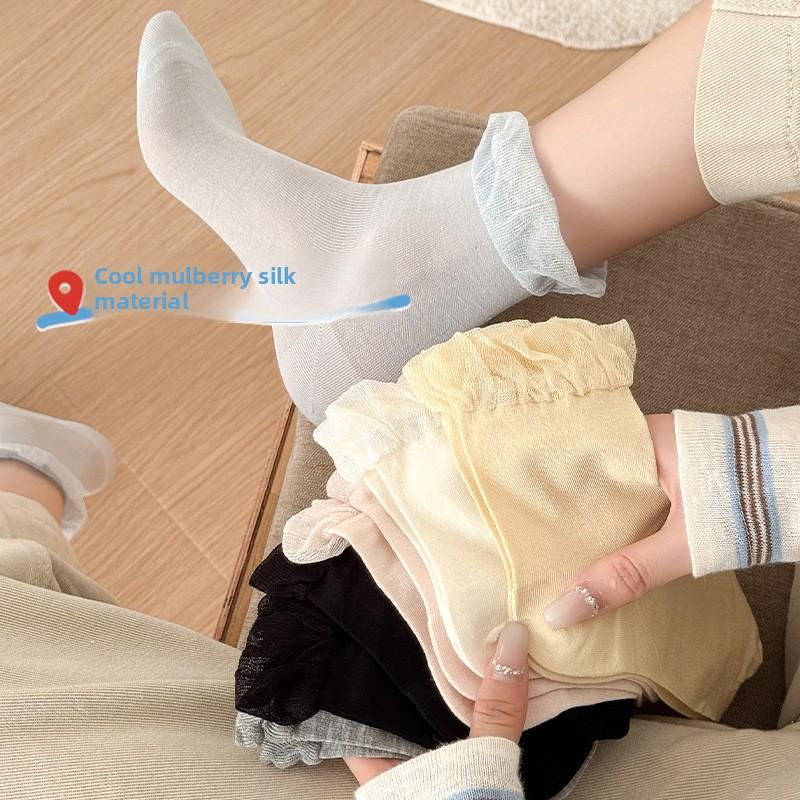 Silk Stockings for Children in Summer Style, Thin and Breathable Mid-calf Length, Mesh with Bubble-shaped Lace Trim.