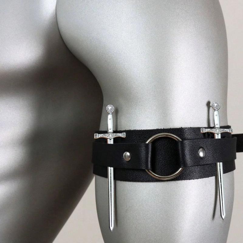 3Pcs Punk Black Leather Arm Bands With Metal Double Sword Upper Arm Bracelet Gothic Halloween Cosplay Accessories