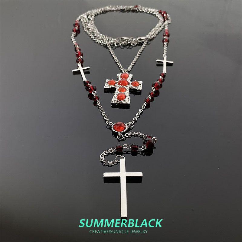 

European and American Fashion Gothic Gyaru Y2g Long Red Beaded Cross Twin Necklace Sweater Chain Personalized Accessories Red Crystal Cross Pendant Necklace