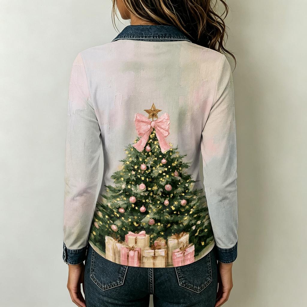 Women's Christmas Print Long Sleeve Top - Casual Loose Fit Patchwork Shirt with Shoulder