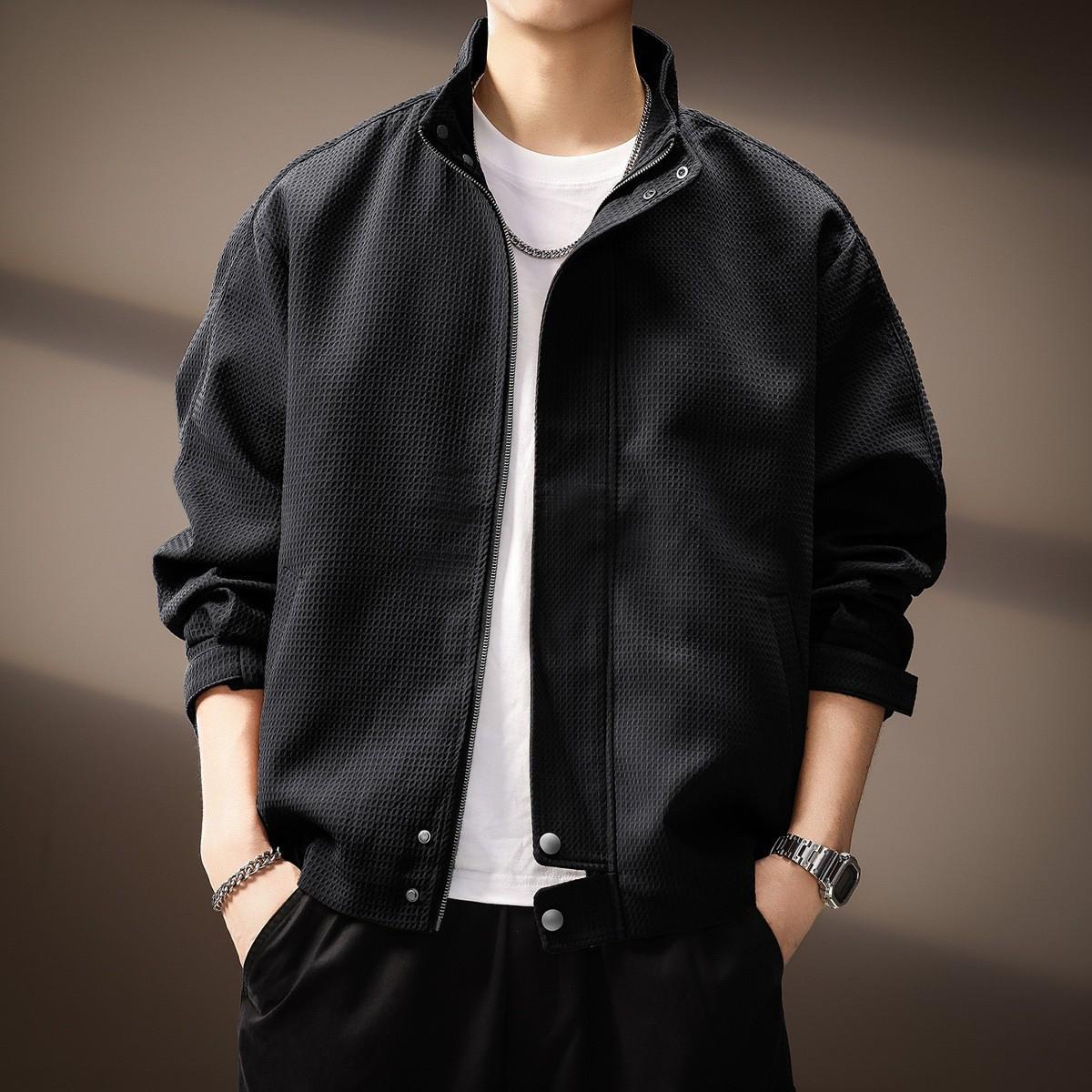 

Men s High-End Retro Japanese Plaid Stand-Up Collar Jacket - Autumn Loose Casual Long Sleeve Outerwear L (60-70kg) чорний