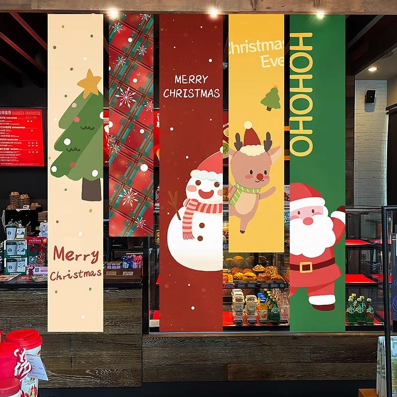 Christmas Party Background Decoration Hanging Cloth Flags Set Decorative Strips Xmas Santa Claus Snowman Hanging Curtains