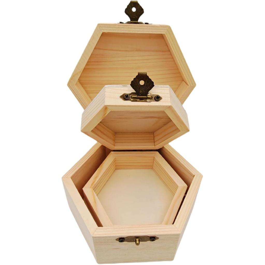 2 Pack Plain Unfinished Wooden Box, Hexagon Unpainted Wooden Jewellry Box DIY Storage Chest Treasure Case for Home Table Decoration