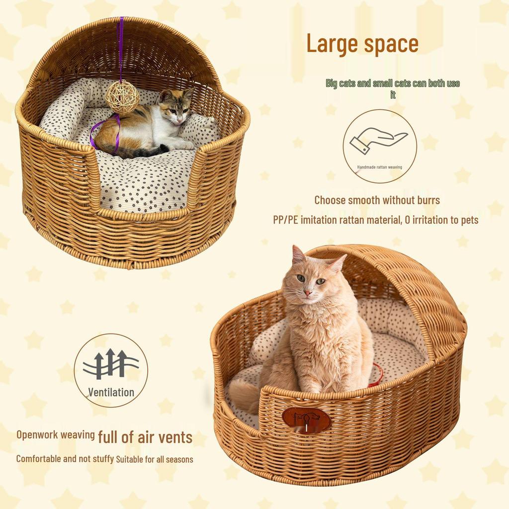 Halbgeschlossenes Haustiernest aus Rattan: Abnehmbare, waschbare Matte für Hunde & Katzen