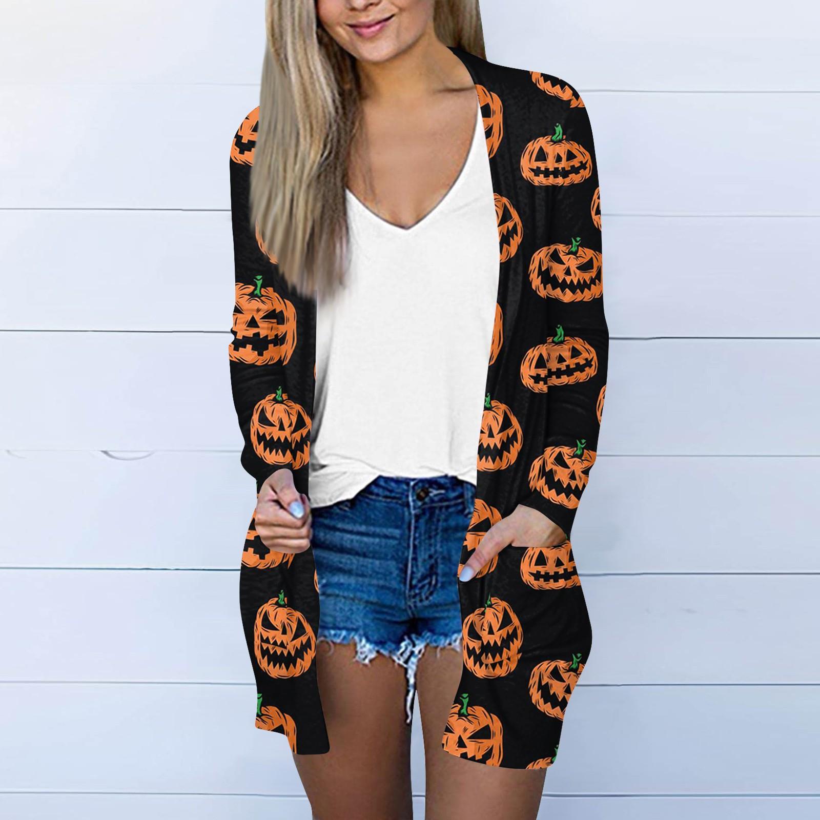 Женская мода Свободные повседневные карманные куртки-кардиганы на Хэллоуин с длинными рукавами Топы XXXL