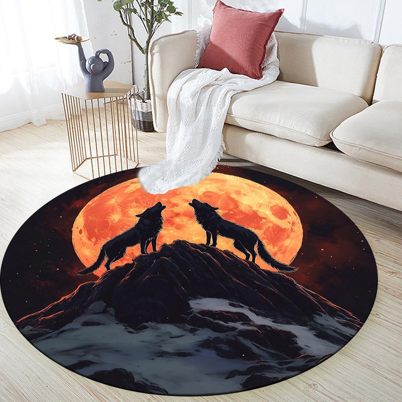 Moon Wolf,Round Area Rug,Carpet Rug for Living Room Bedroom Sofa Playroom Decor,Non-slip Floor Mat