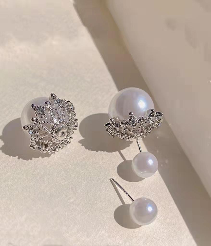 

Серьги в корейском стиле с полой короной, бриллиантами и жемчугом, двухсторонние белый