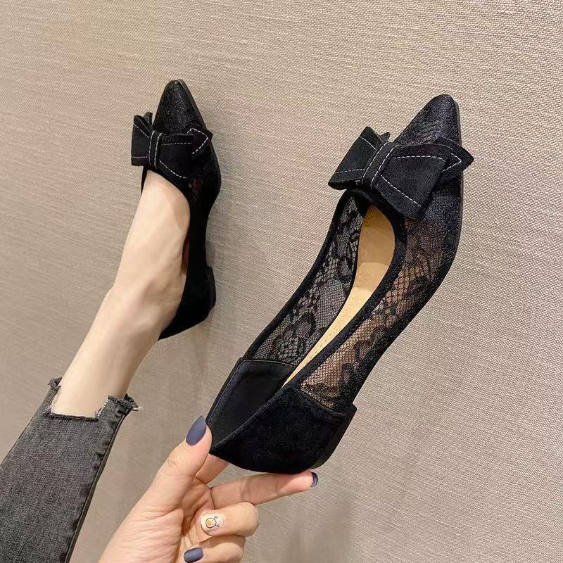 Flat Bow Single Shoes Women's Versatile Work Doudou Shoes Black Pointed Large Size Women's Shoes One Pedal Ladyshoes