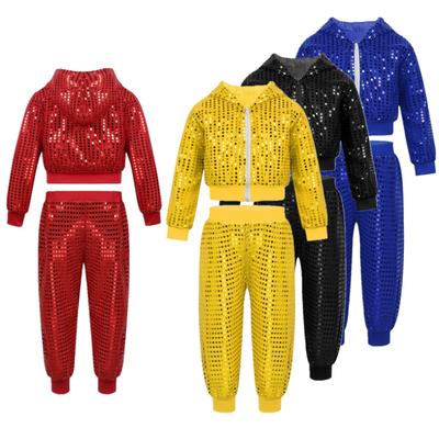 Kinder Jungen Mädchen Glitzernde Pailletten Langarm Hip Hop Jazz Street Dance Kostüme Langarm Kapuzenjacke Hosen Set