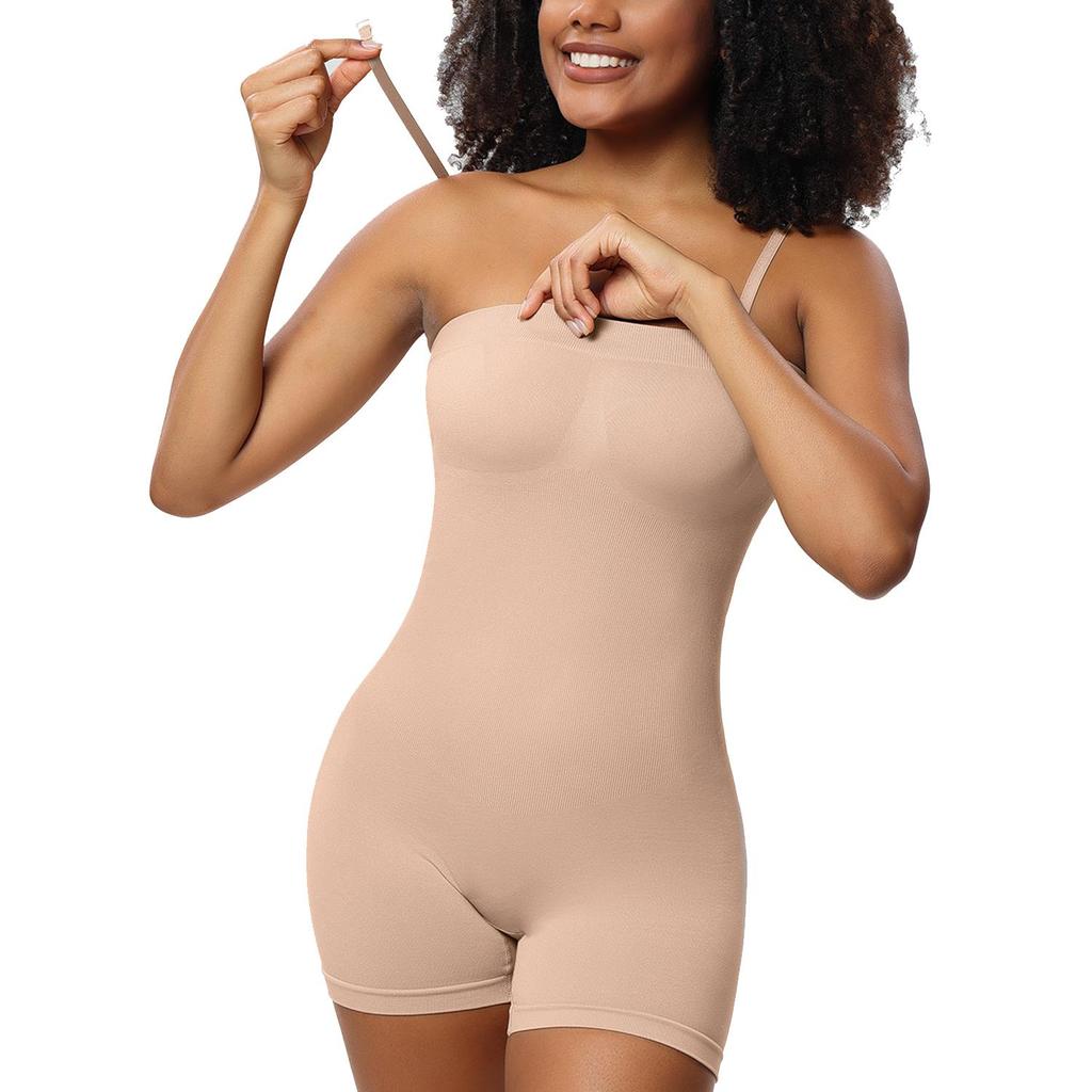 Compression Strapless Shortie Bodysuit for Women Tummy Control Shapewear Seamless Body Shaper with Removable Straps Slimming Fitness