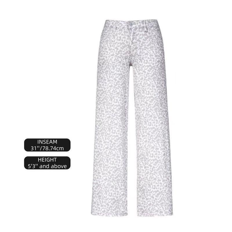 Damen Jeans mit lockerem Schnitt und geradem Bein, Jeanshose mit Leopardenmuster, Lässige Streetwear Hose