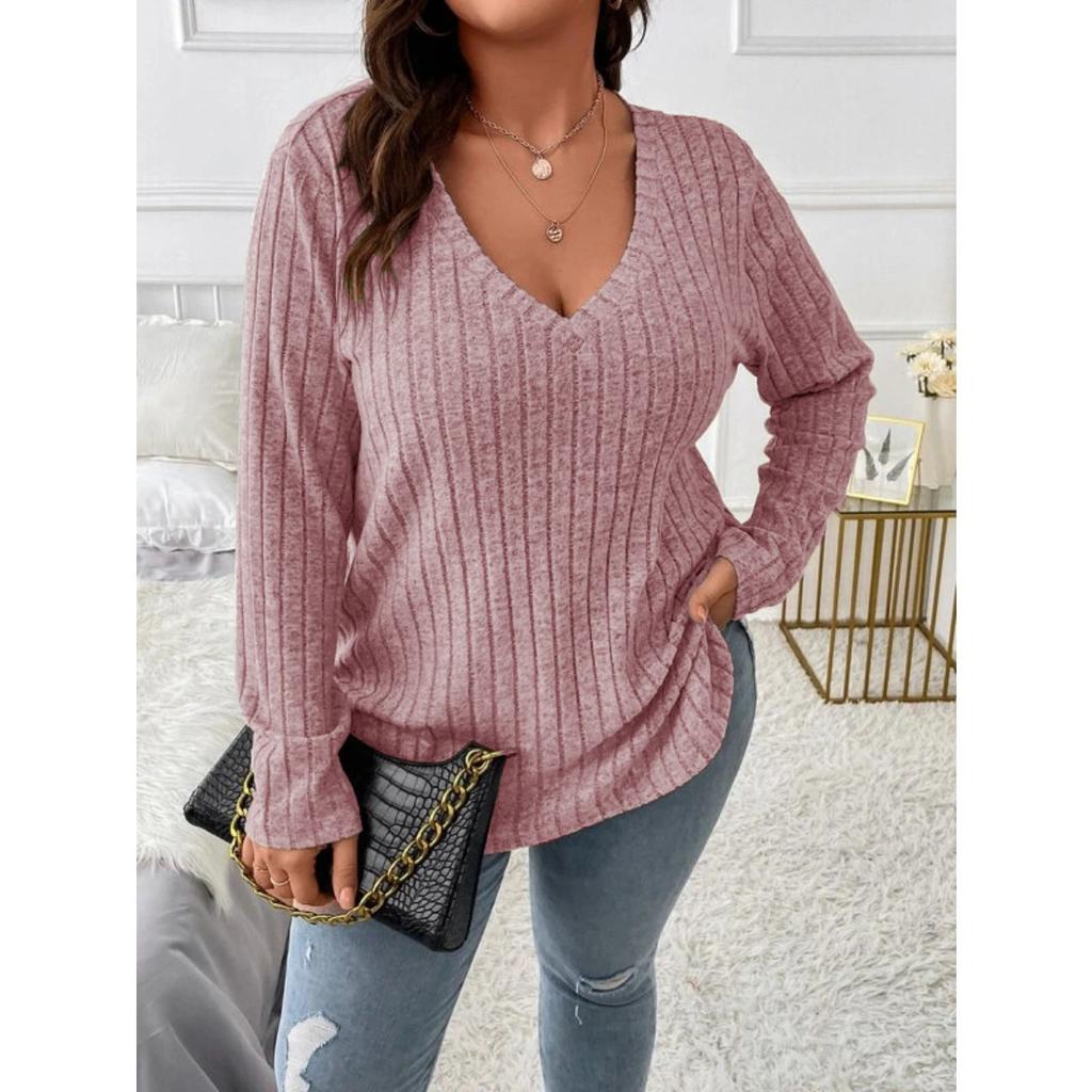 Top informal de punto acanalado vertical de manga larga con cuello en V para mujer, holgado, talla grande